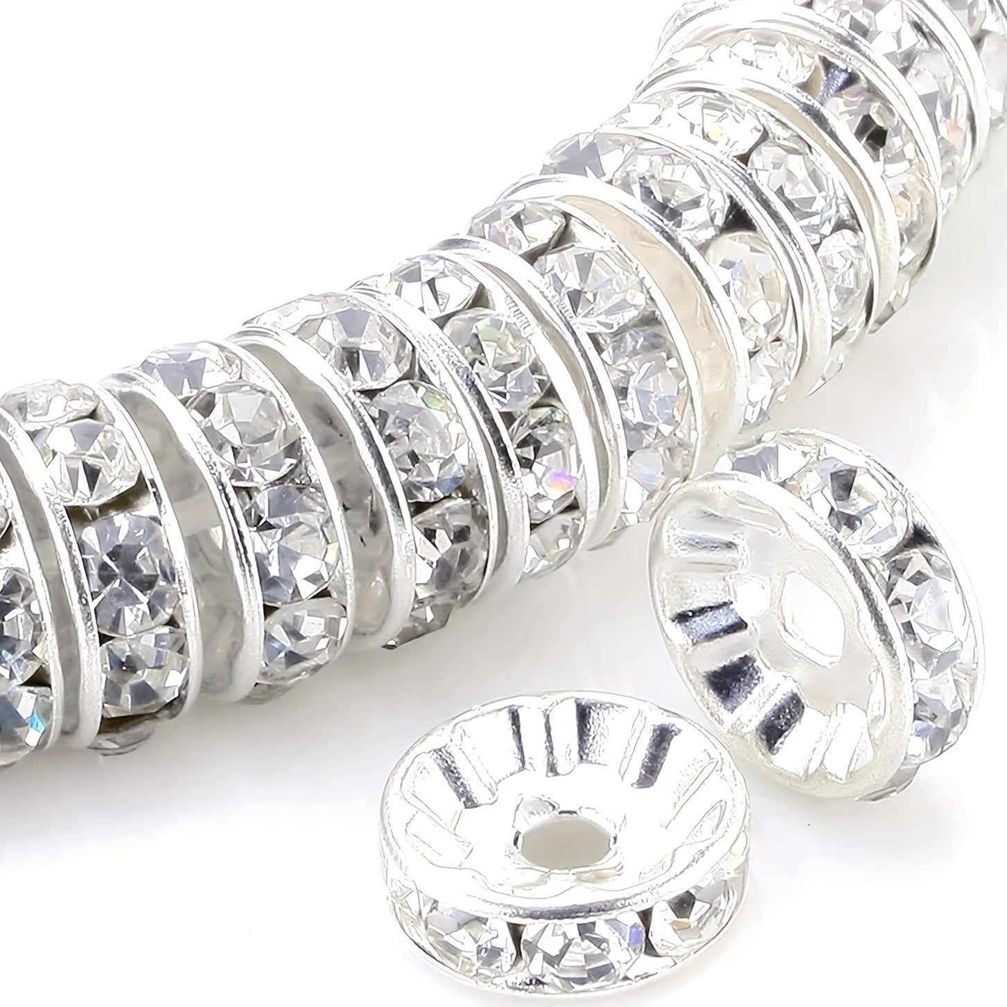 Round Interval Beads 8mm Silver Plated Czech Crystal Rhinestones