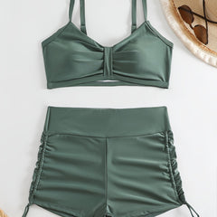 Vacay Bikini Set Solid V Neck Padded Bra & Lace Up Shorts Swimsuit