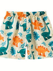 Dinosaur Print Boys Beach Shorts Quick Dry Drawstring Swim Trunks