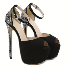 Rhinestone Stiletto Heels Peep Toe Platform Pumps