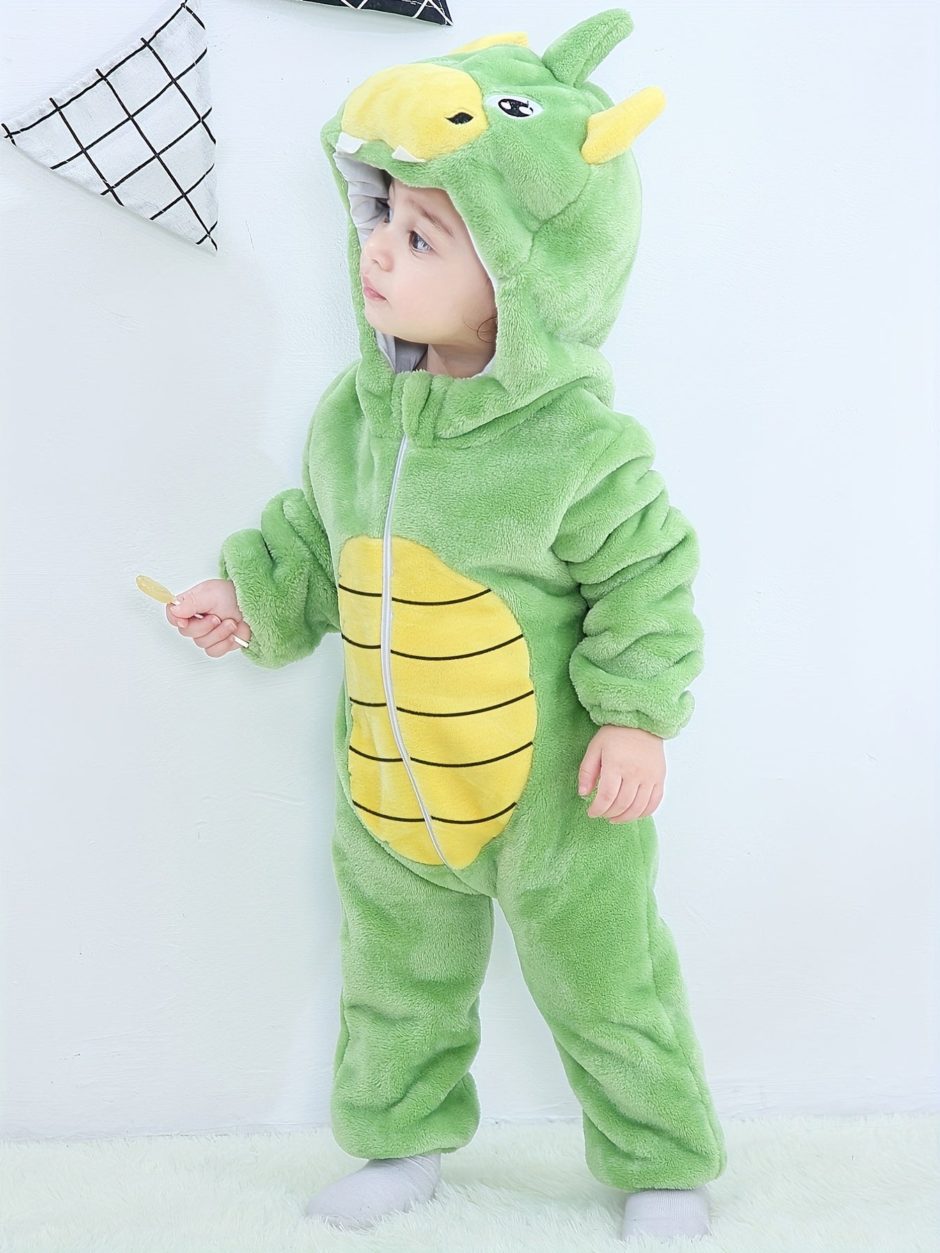 Dino Baby Flannel Romper Hooded Jumpsuit