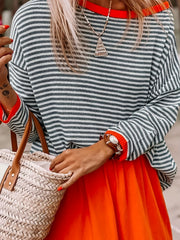 Striped Print Crew Neck Knit Sweater Long Sleeve