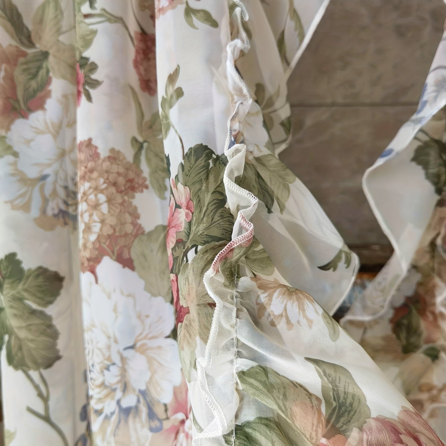 2pcs Flower Sheer Ruffled Short Curtain Valance French Tulle Door Curtains