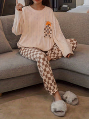 Cartoon Print Pajama Set Crew Neck Top & Plaid Pants