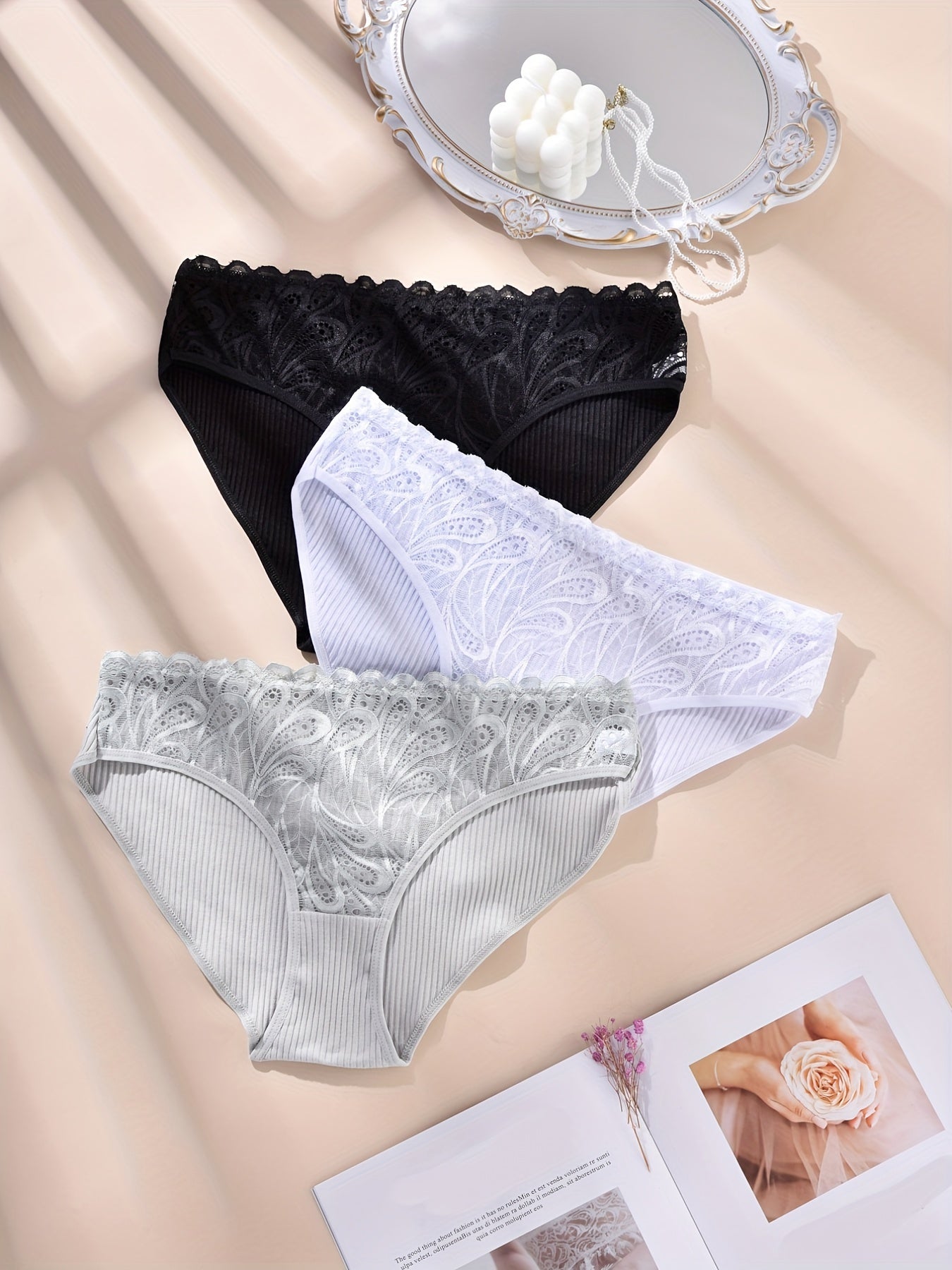 3 Pack Plus Size Panties Women's Floral Jacquard Solid High Stretch Panties Set