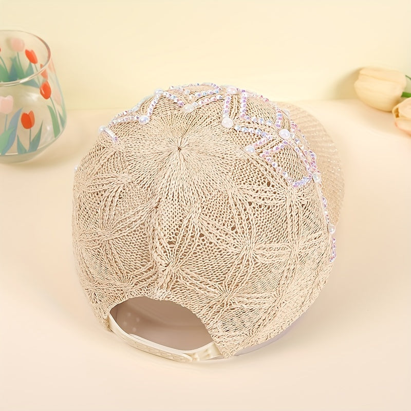 Beige Knit Baseball Cap with Faux Pearl Rhinestone Decor