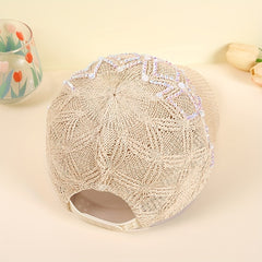 Beige Knit Baseball Cap with Faux Pearl Rhinestone Decor