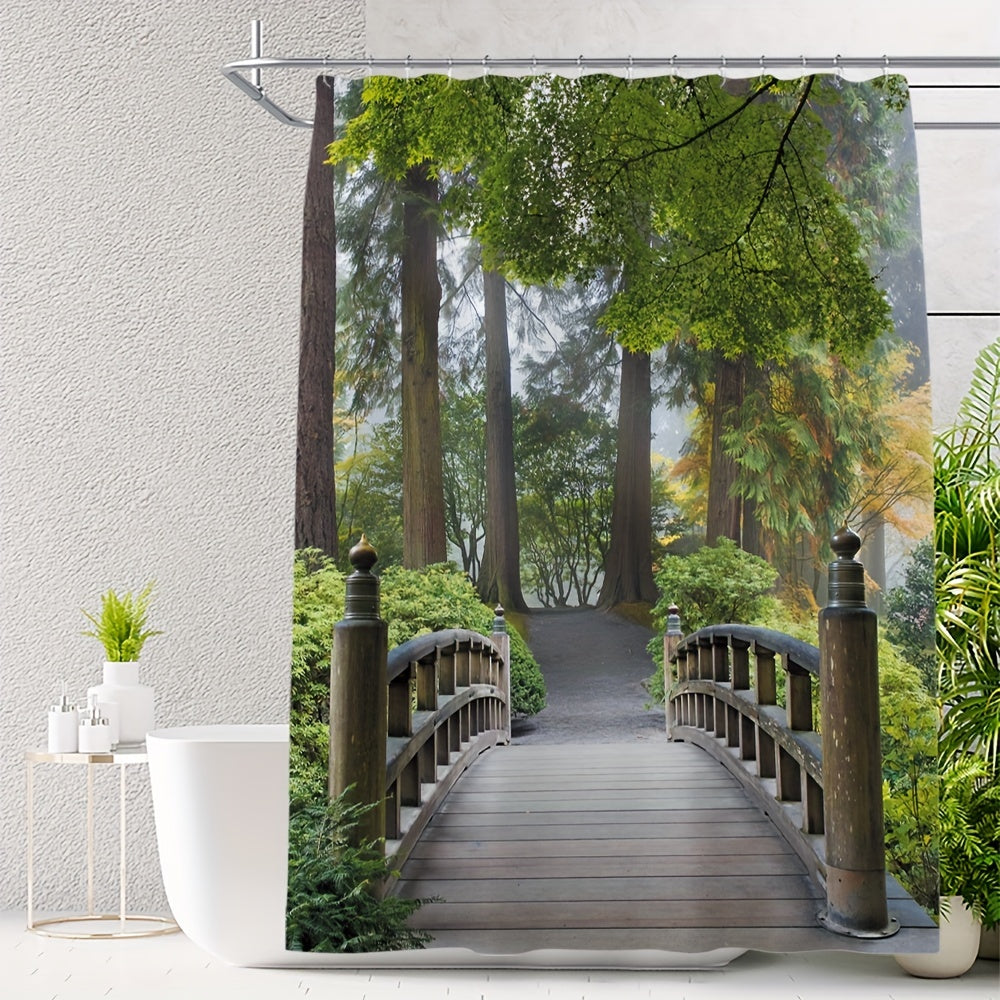 Digital Printed Wooden Bridge Shower Curtain - Bathroom Decor