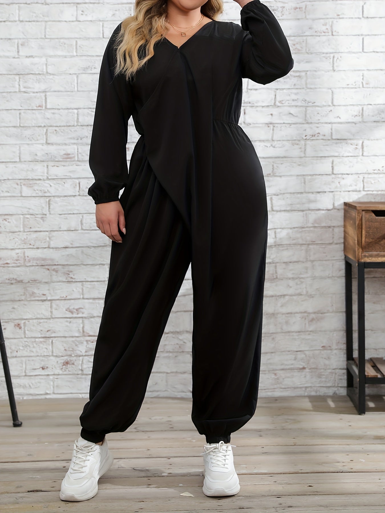 Solid Long Sleeve V Neck Jumpsuit