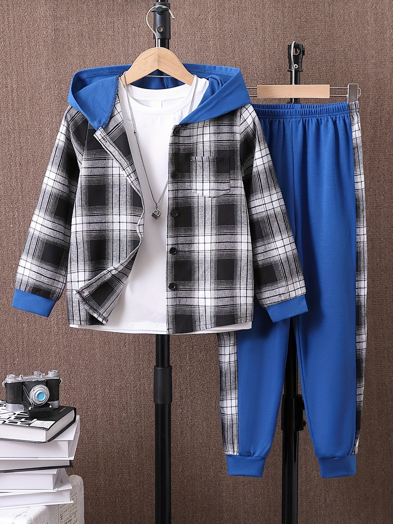 Boy's Plaid Hooded Shirt & Sweatpants Set for Spring Fall