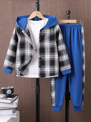 Boy's Plaid Hooded Shirt & Sweatpants Set for Spring Fall