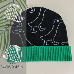 Duck Jacquard Beanie & Green Block Knit Hat Warm Skull Cap