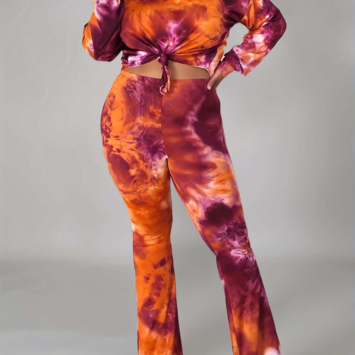 Women's Plus Tie Dye 2-Piece Set - Long Sleeve Top & Flared Leg Pants