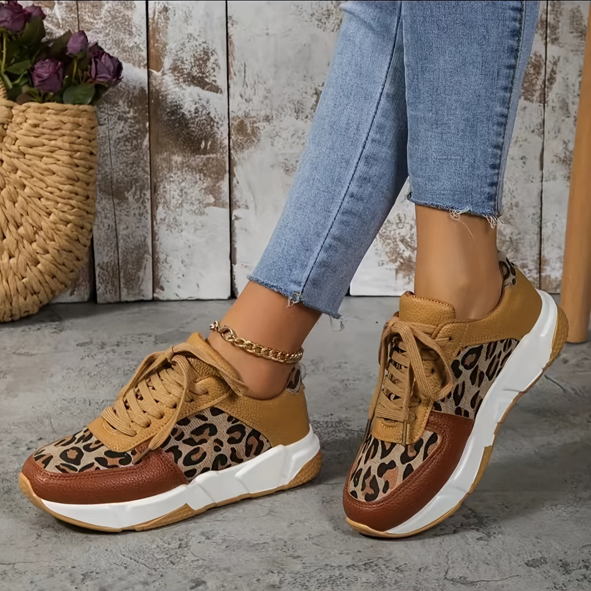 Leopard Print Sports Shoes Colorblock Running Platform Sneakers