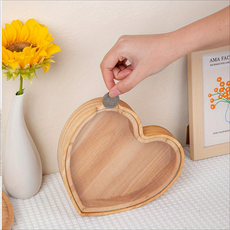 Wooden Coin Storage Jar Love Heart Kitten Gift Savings Wood Crafts Ornaments