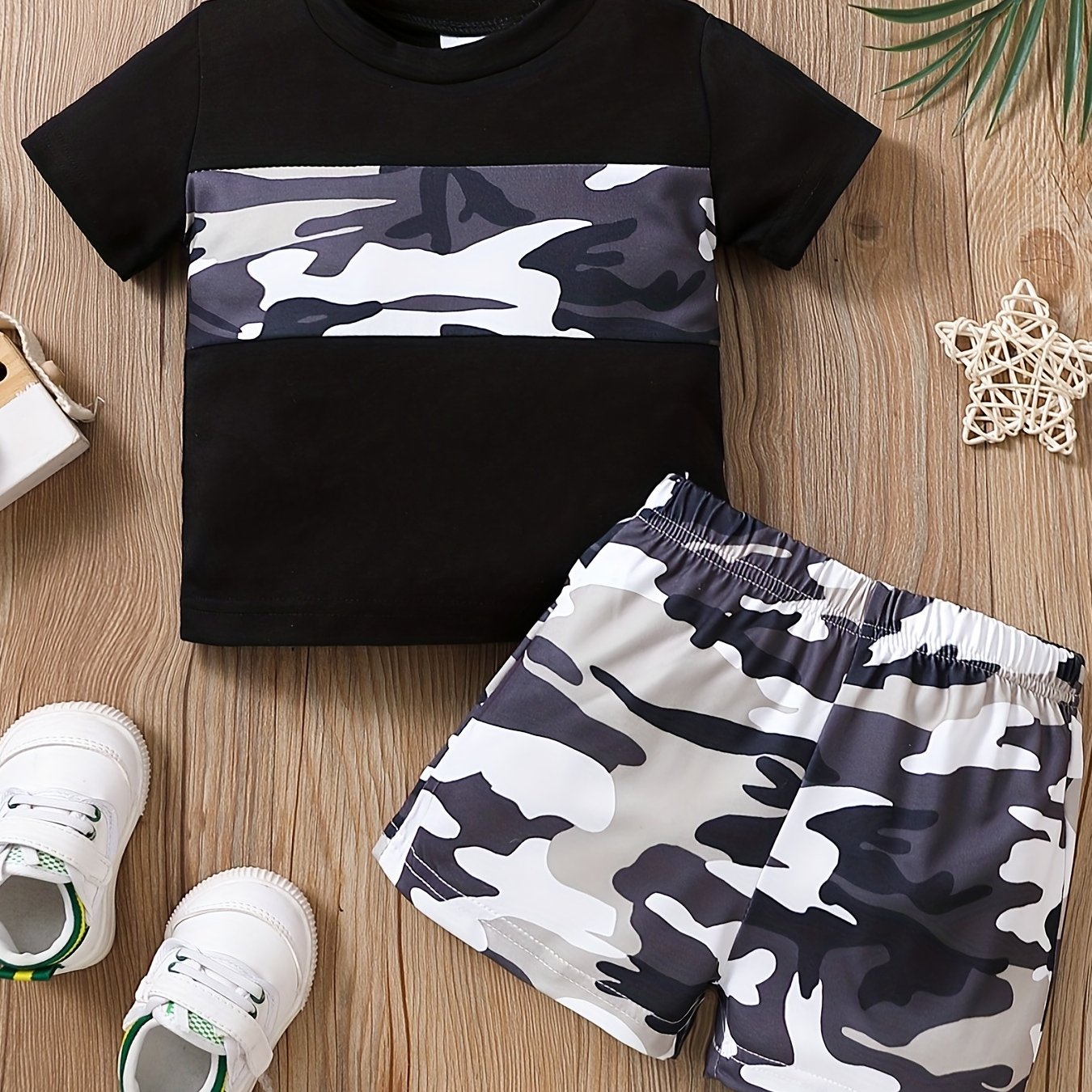 Toddler Boys Block Short Sleeve Top & Shorts Set Camo Print Summer Outfits