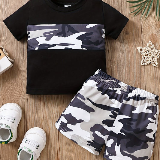 Toddler Boys Block Short Sleeve Top & Shorts Set Camo Print Summer Outfits