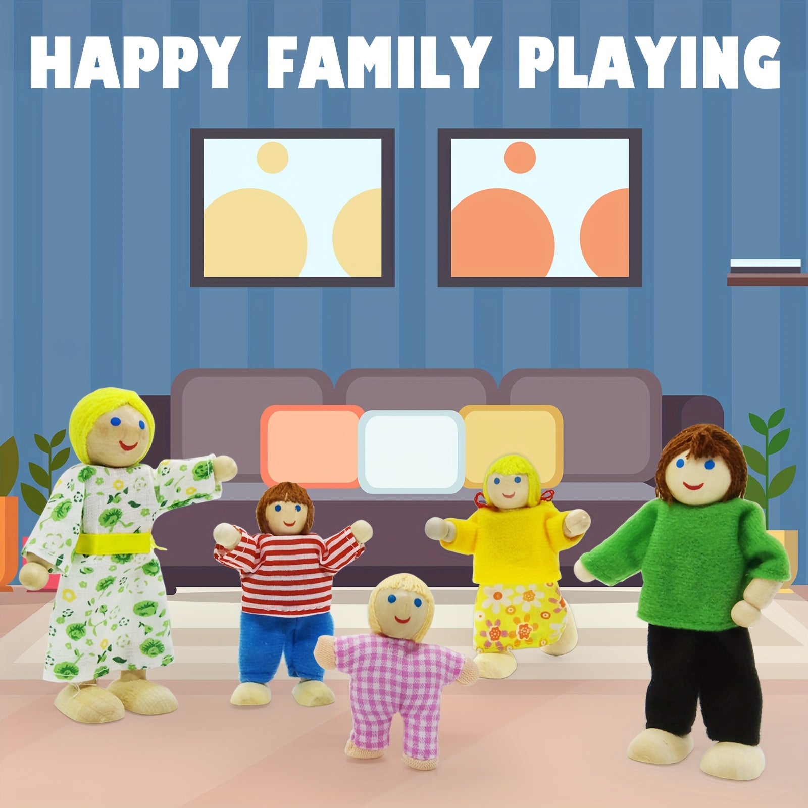 Wooden Dollhouse Family Set with Realistic Clothes for Kids Pretend Play