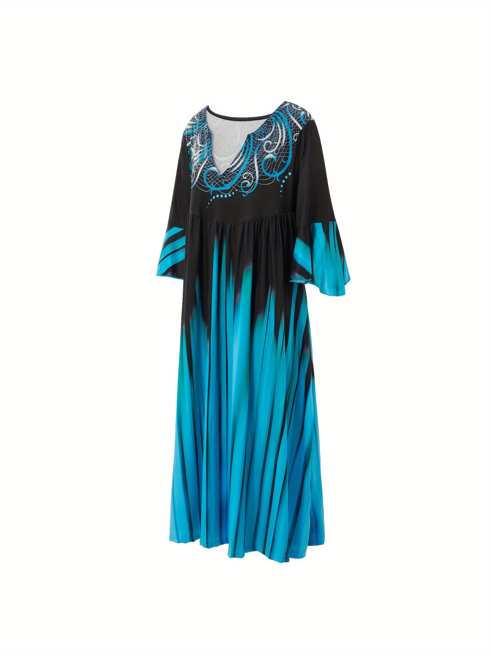 Women's Plus Floral Print Ombre Bell Sleeve Midi Dress