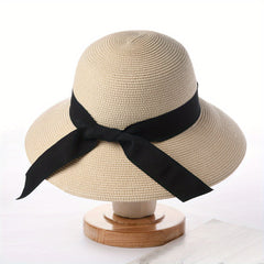 UPF50 Sun Hat Ribbon Bowknot Straw Hat French Style Wide Brim