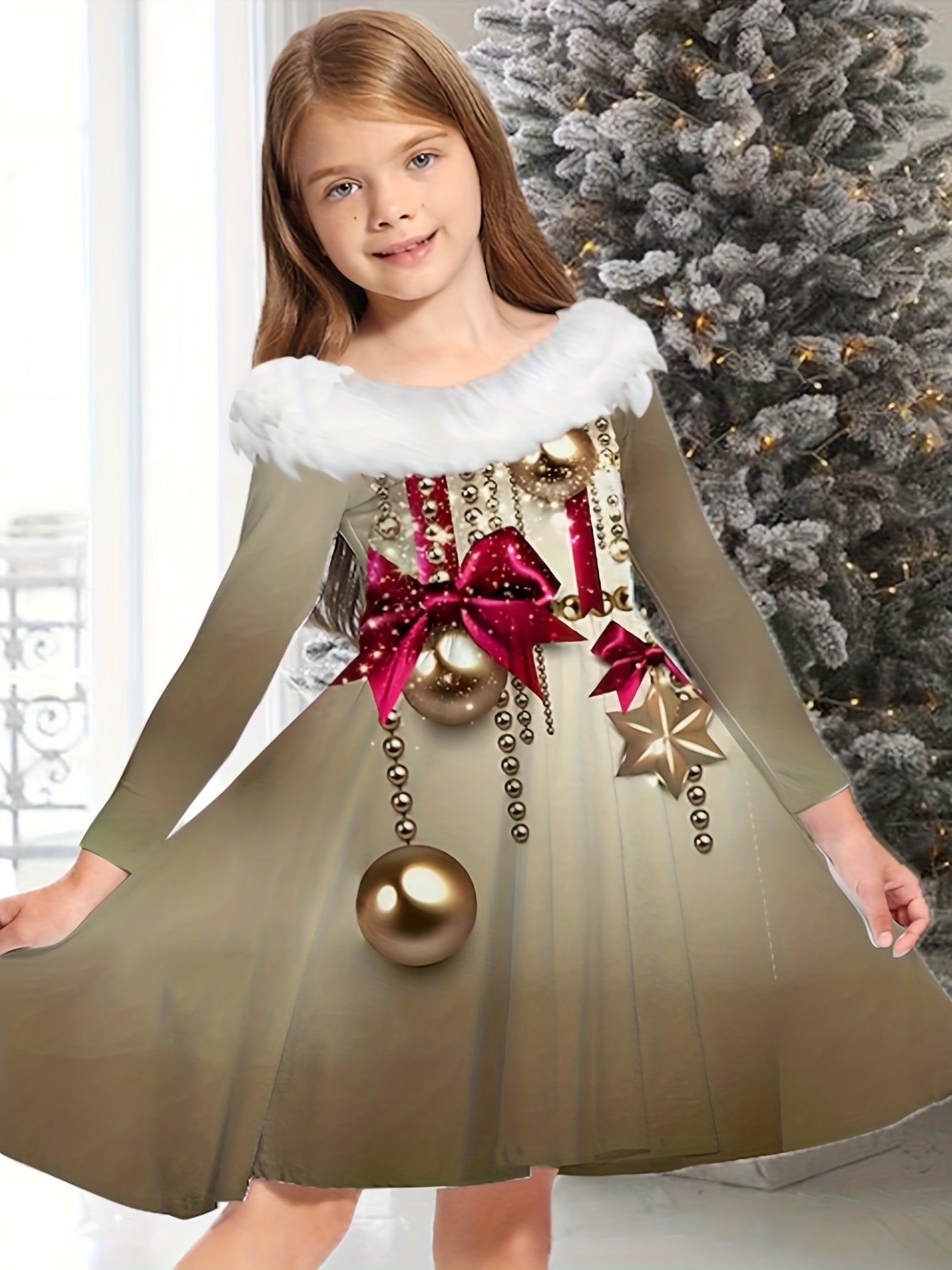 Girls MERRY CHRISTMAS Print Crew Neck Long Sleeve Dress For Christmas Gift