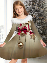 Girls MERRY CHRISTMAS Print Crew Neck Long Sleeve Dress For Christmas Gift