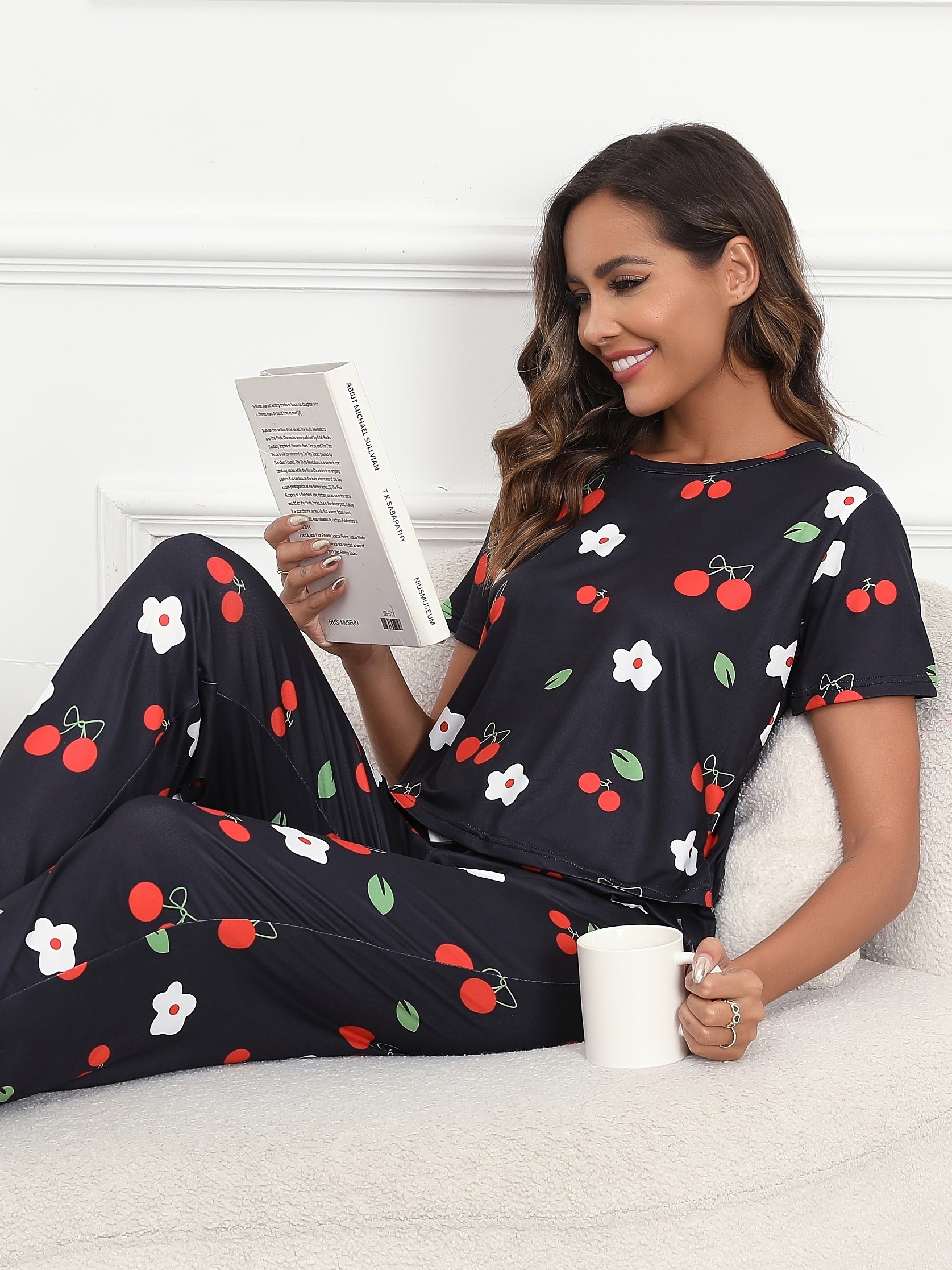 Floral & Cherry Print Pajama Set Short Sleeve Top & Pants Women's Sleepwear