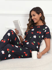 Floral & Cherry Print Pajama Set Short Sleeve Top & Pants Women's Sleepwear