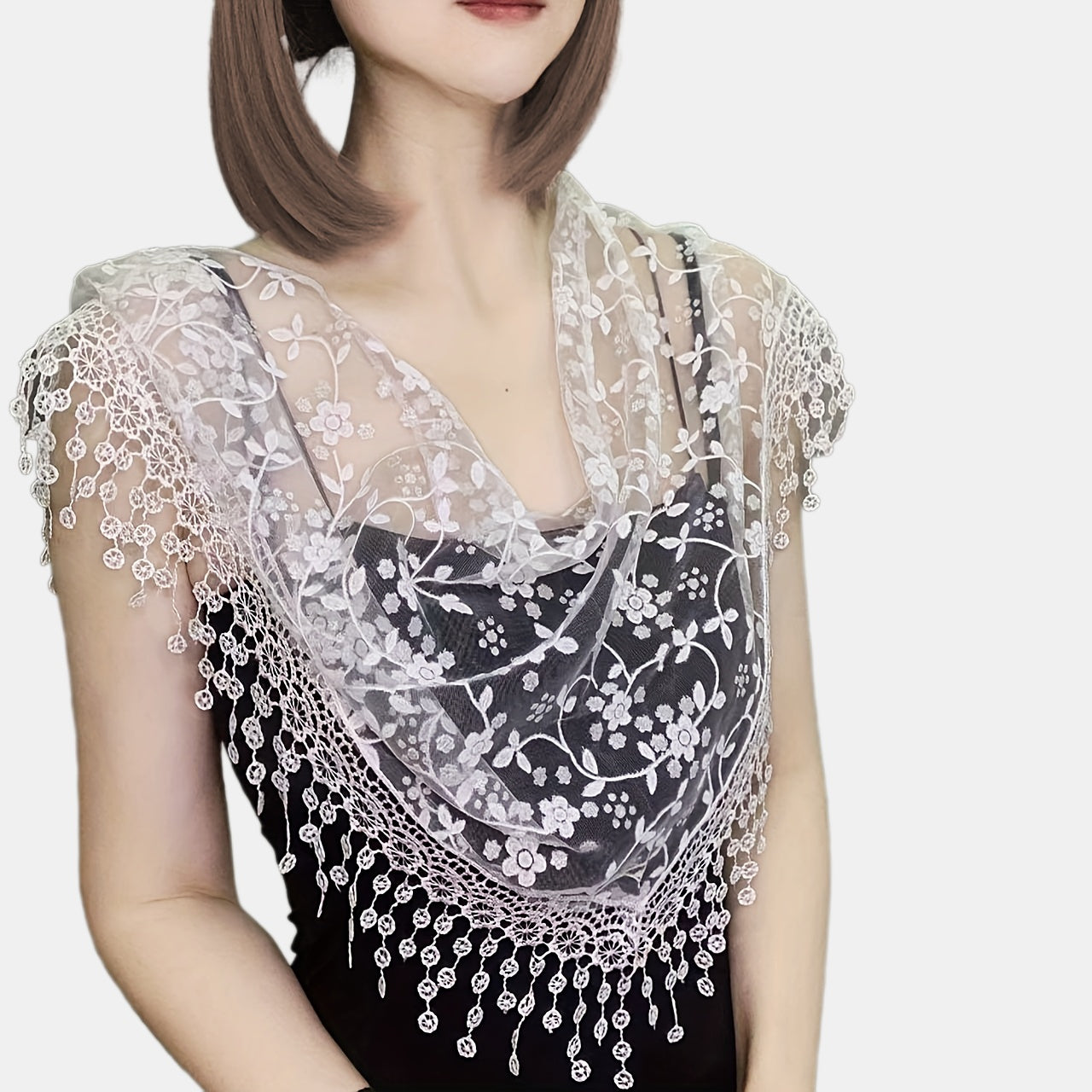 Flower Embroidery Triangle Scarf Tassel Veils Classic Mantilla Head Covering