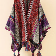 Boho Cover Up Chevron Pattern Tassel Open Front Cap