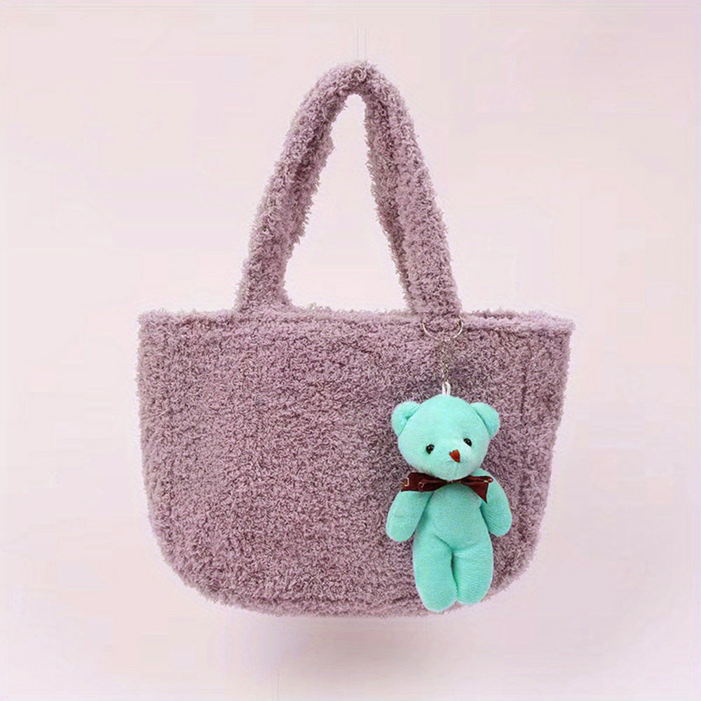 Fluffy Portable Handbag With Bear Pendant Magnet Closure