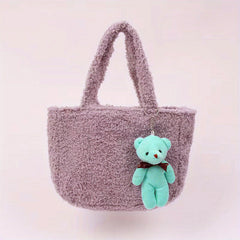 Fluffy Portable Handbag With Bear Pendant Magnet Closure