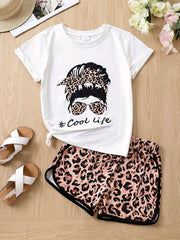 2pcs Toddler Girls Figure & Letter T-Shirts & Leopard Shorts Set