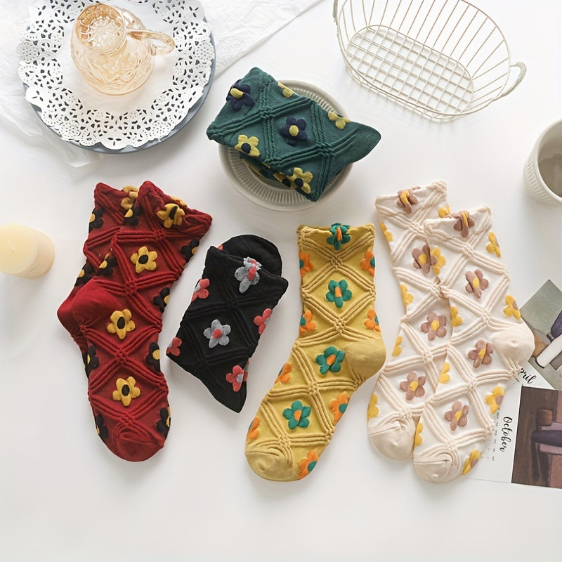 5 Pairs Floral Print Textured Mid Tube Socks Women's Stockings