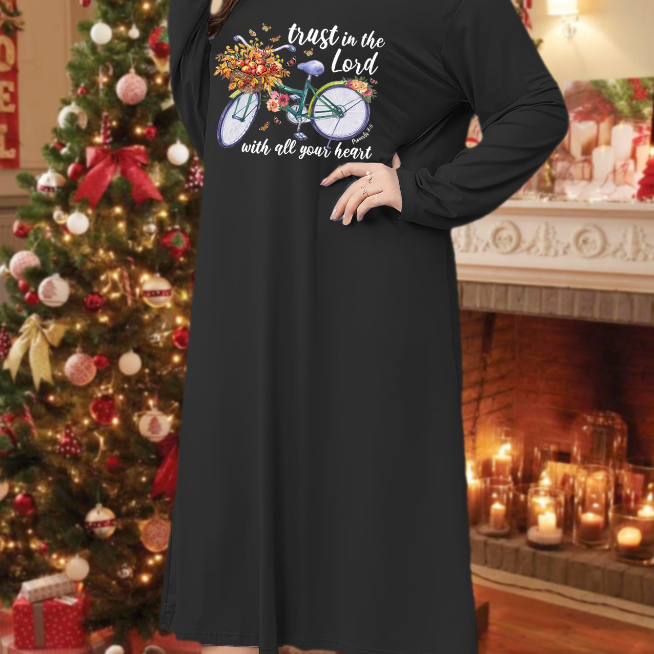 Floral Bicycle & Letter Print Long Sleeve Tee Sleep Dress