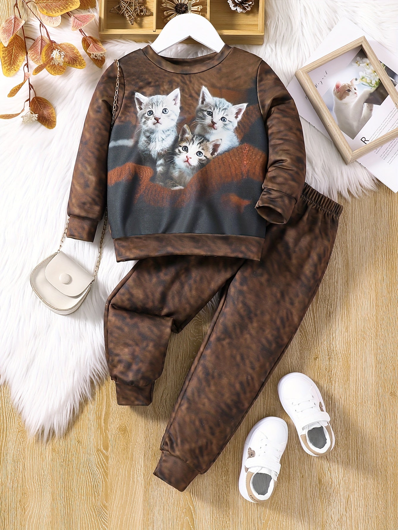 Girl's Cat 3D Pattern Sweatshirt & Sweatpants Set