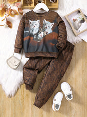 Girl's Cat 3D Pattern Sweatshirt & Sweatpants Set