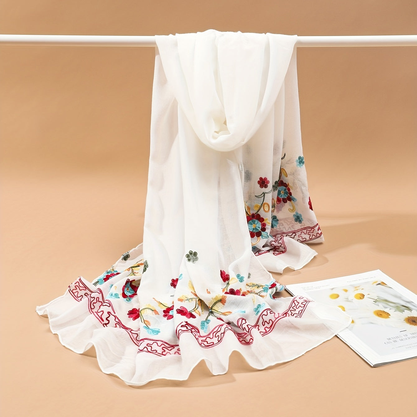 Red Flower Embroidery Scarf Hijab Shawl Head Wraps Bandana Women