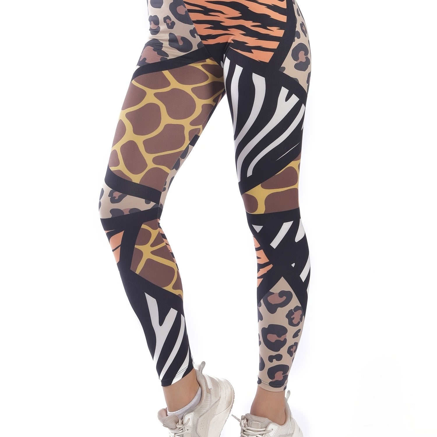 Leopard & Striped Print High Waist Leggings Stylish Skinny Stretchy Leggings