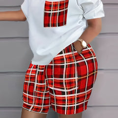Plaid Two Piece Set Short Sleeve T-shirt & High Waist Shorts