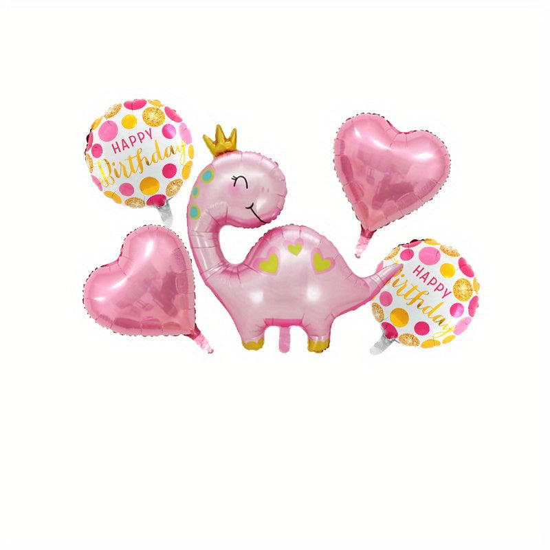 5pcs Pink Crown Dinosaur Balloon Set Birthday Party Decoration