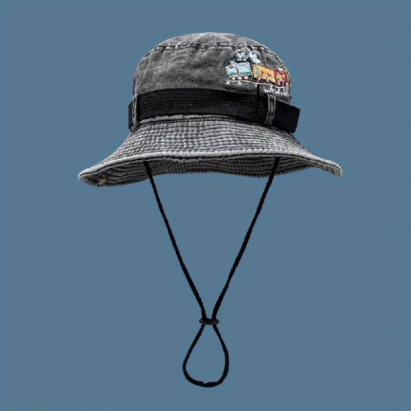 Outdoor Washed Sun Protection Embroidered Train Pattern Bucket Hat