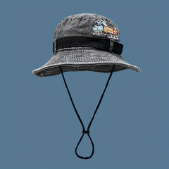 Outdoor Washed Sun Protection Embroidered Train Pattern Bucket Hat