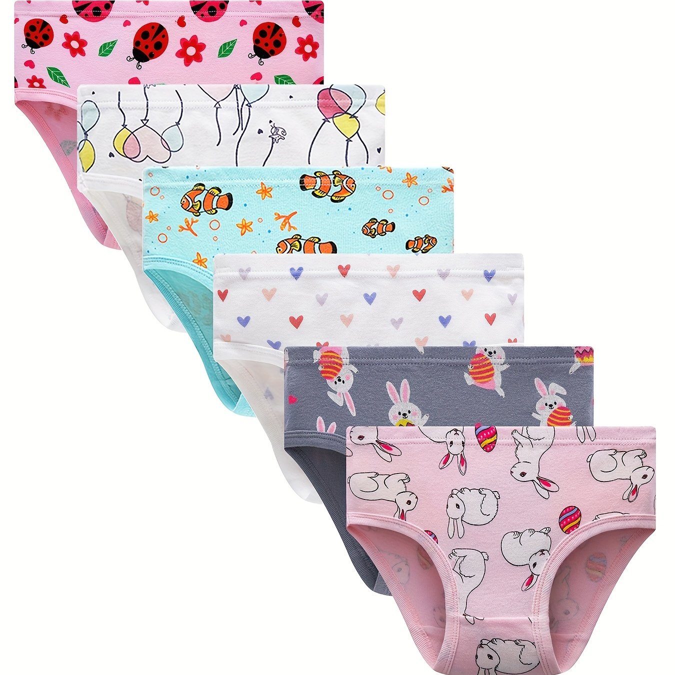 6pcs Girls Triangle Panties Rabbit Heart Balloon Print 100% Cotton