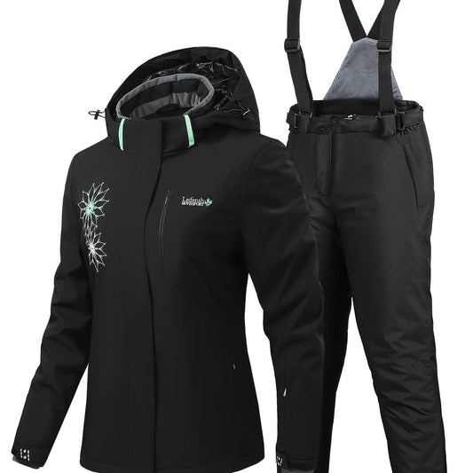 Snowflake Print Ski Set Long Sleeve Hooded Jacket & Suspender Trouser