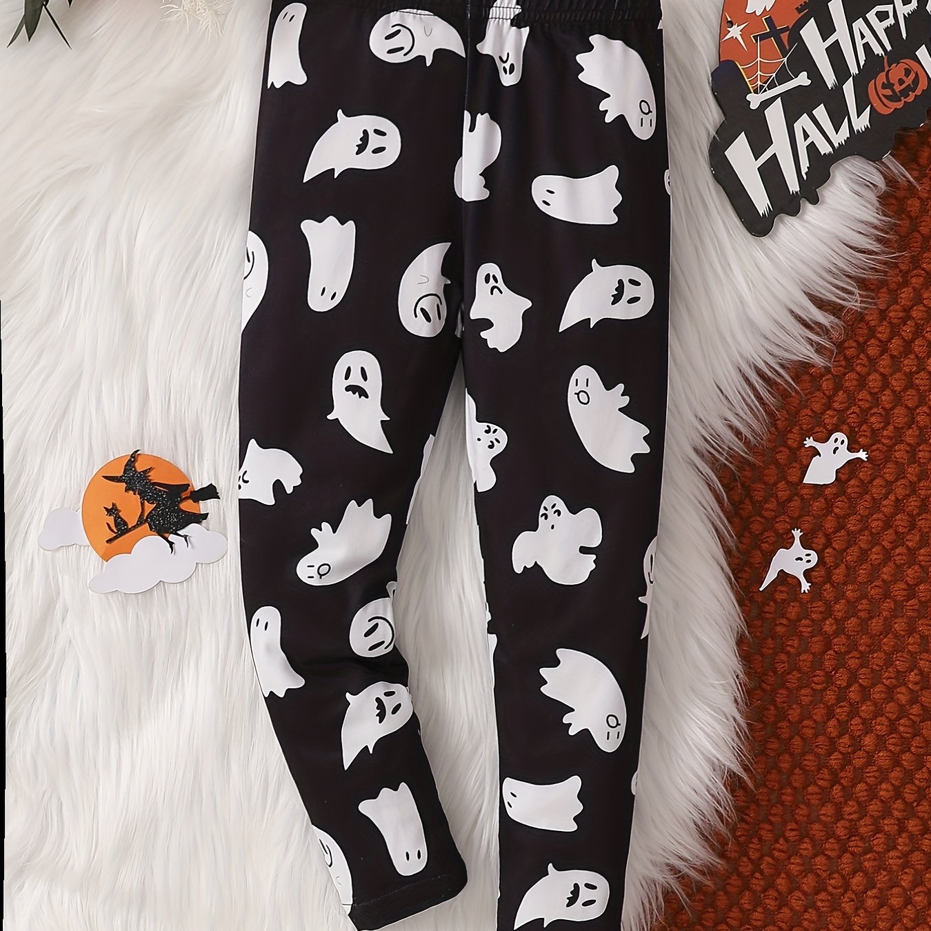 Girls Halloween Ghost Print Legging Pants, Ankle Length
