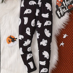 Girls Halloween Ghost Print Legging Pants, Ankle Length