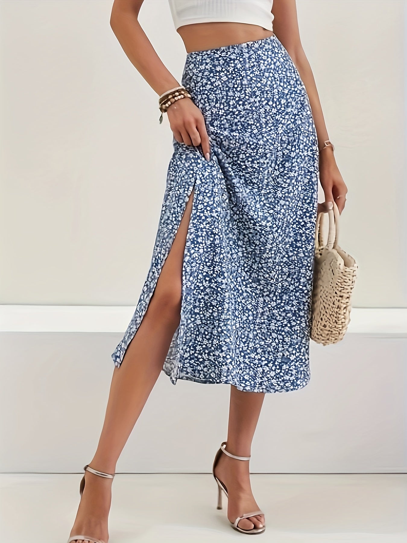 Floral Print Slit Thigh Midi Skirt