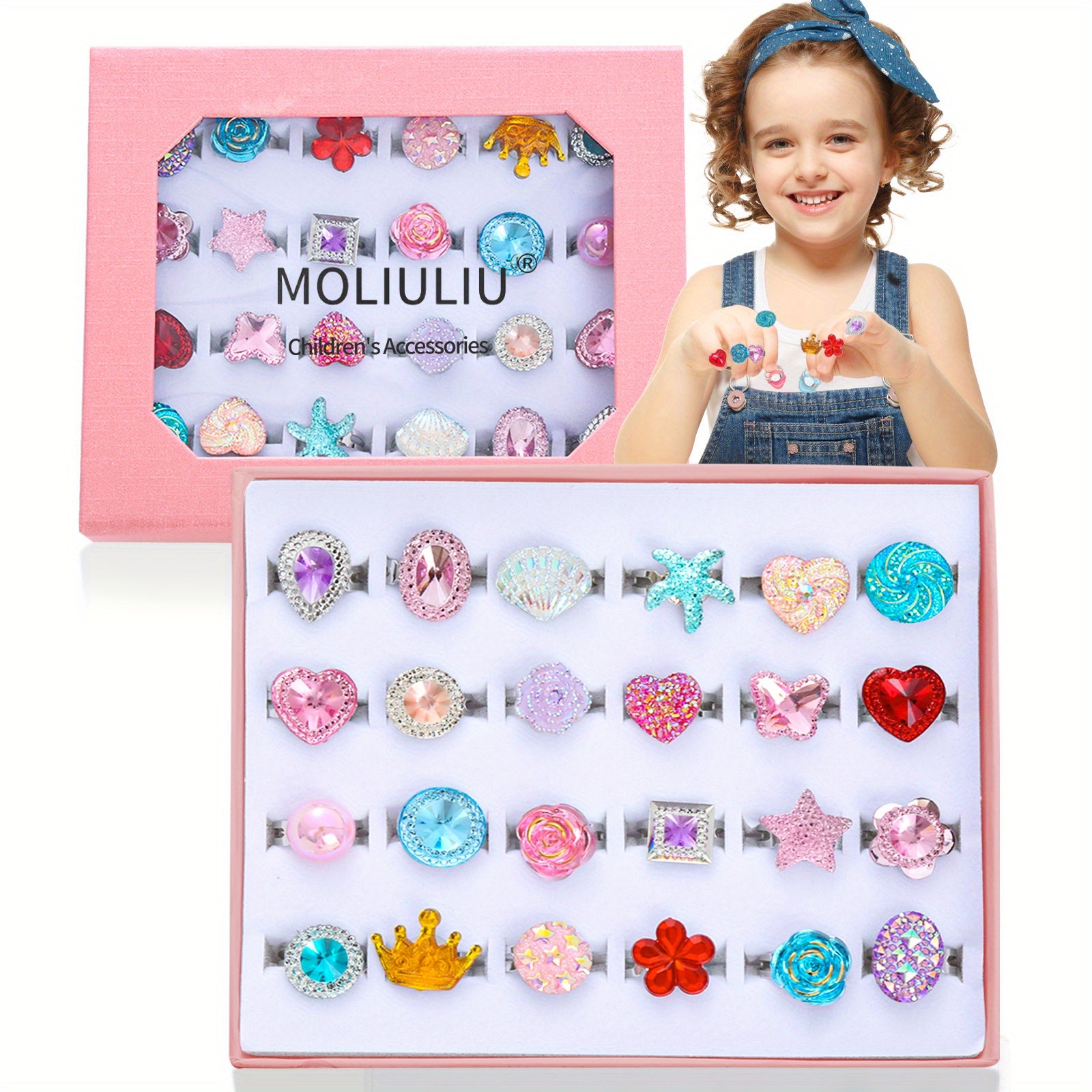 24pcs Girl Jewel Rings Adjustable No Duplication in Box