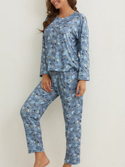 Crown Print Pajamas Set Long Sleeve Top & Pants Sleepwear Women